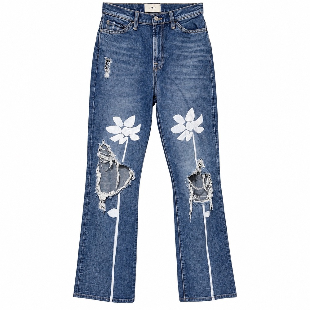 7 For All Mankind Easy Boot Tea Party Exploded Floral Distressed Jeans 25